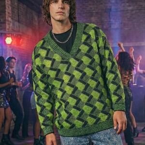 VTG 80s Madchester Sweater Acid Green Slouchy Geometric Rave Club Kid New‎ Wave